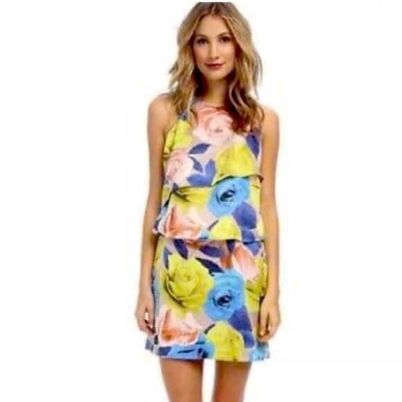 JESSICA SIMPSON Floral Tiered Silky Floral Spring Mini Dress 10 Medium NWT - Picture 1 of 9